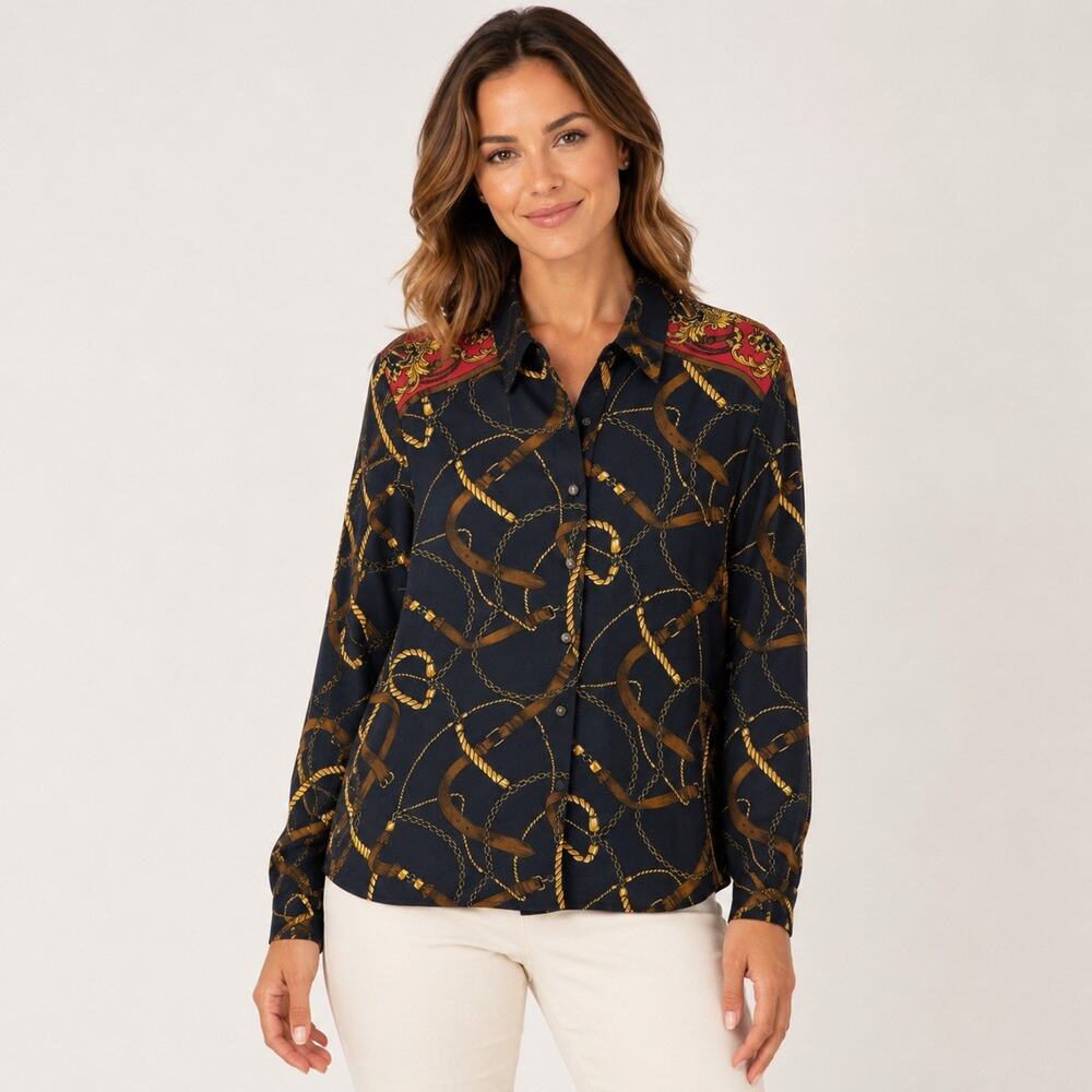 VTG Pappagallo Equestrian Chain Belt Scarf Print Top Crepe Size 6 Navy Shirt